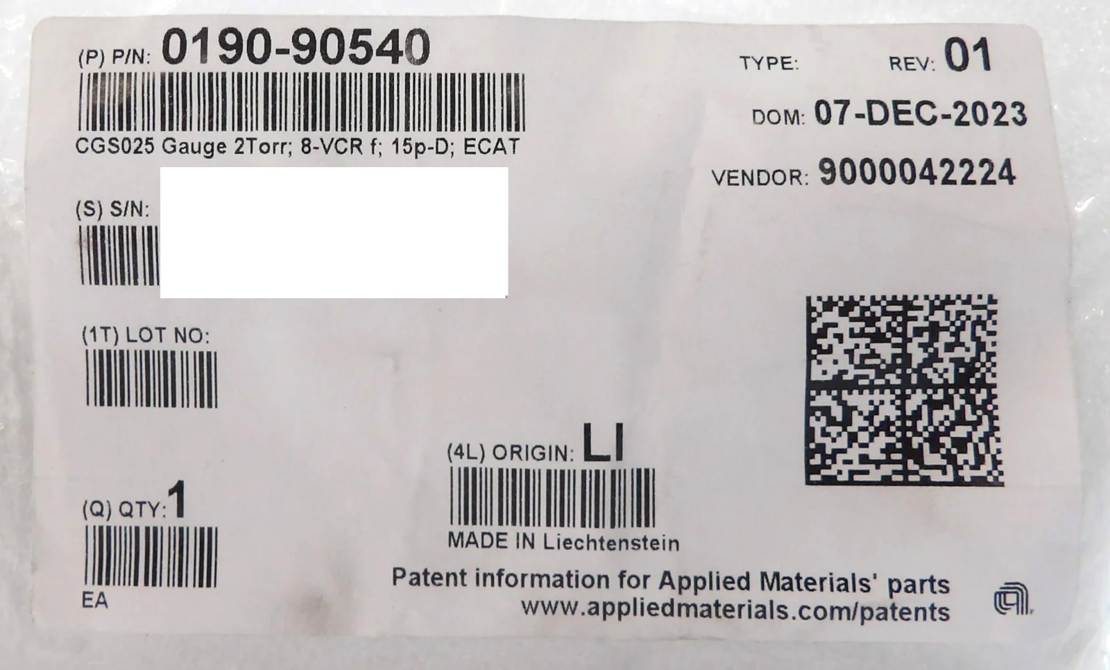 AMAT Applied Materials 0190-90540 CGS025 Gauge 2 Torr Working Surplus ...