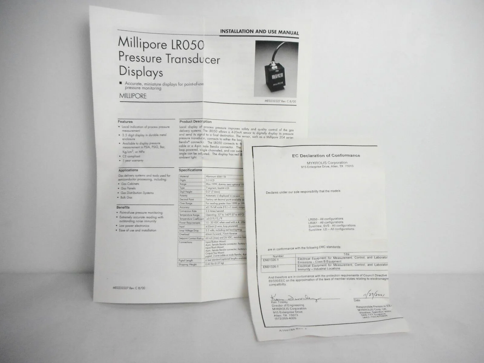 Millipore LR050-10-A-2-2-250 Pressure Transducer Display 830056351 Lot ...